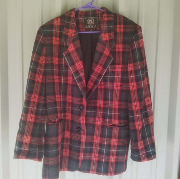 Women's Express Red & Black Wool Plaid Blazer Jacket Size Large Academia Preppy - Picture 1 of 4
